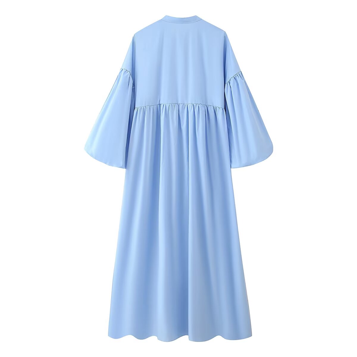 Malbusaat light blue puff sleeve round neck maxi dress back view with gathered waist and long bell sleeves