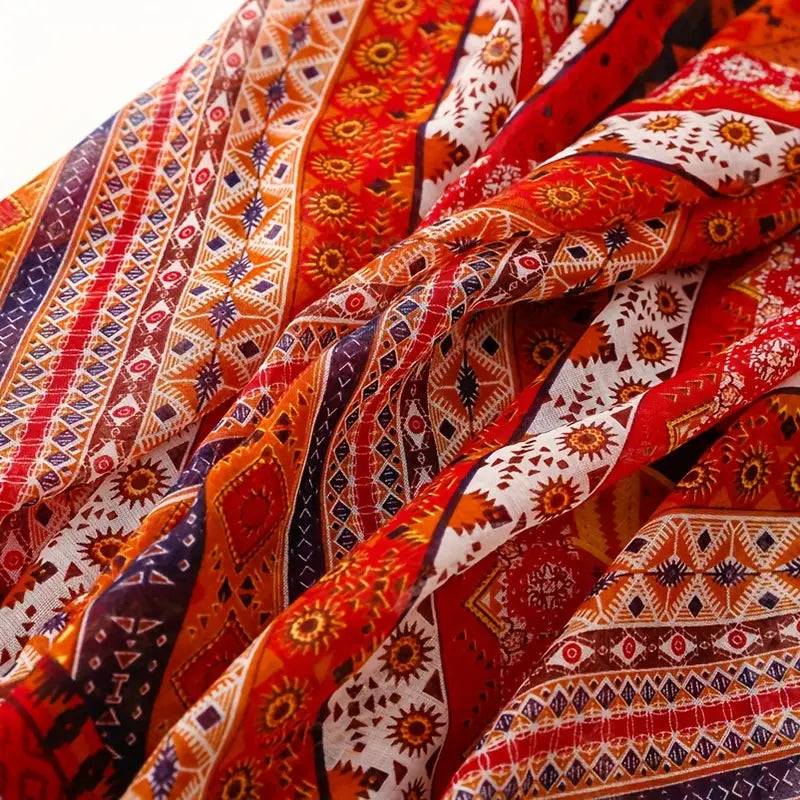 Boho Vintage Printed Bali Yarn Scarf, Red Shawl in - Scarves by Malbusaat