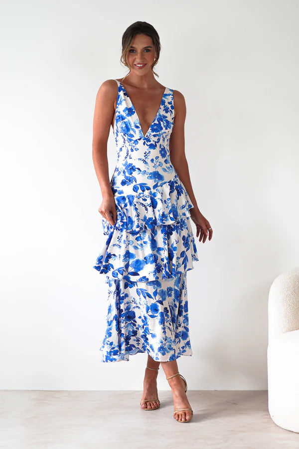 Malbusaat Backless Deep V Plunge Summer Vacation Maxi dress with blue floral print and tiered skirt