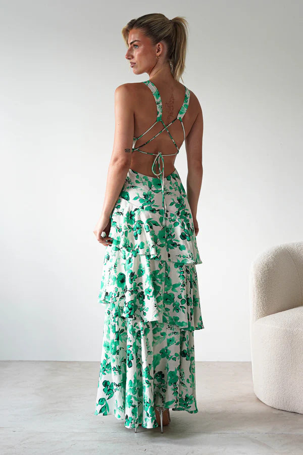 Malbusaat Backless Deep V Plunge Summer Vacation Maxi dress with green floral print and tiered skirt