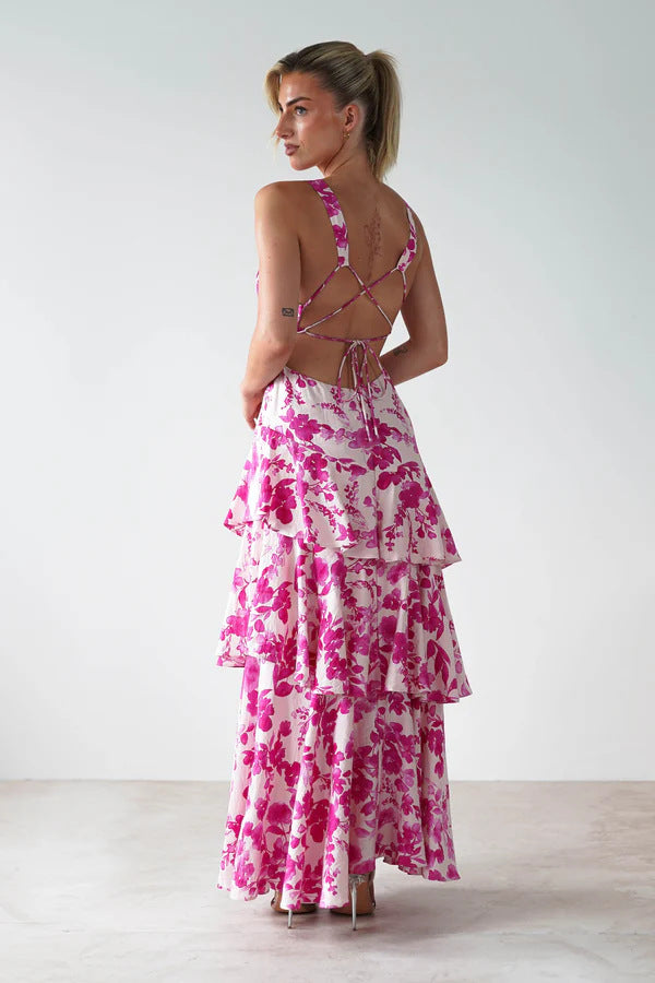 Malbusaat Backless Deep V Plunge Summer Vacation Maxi dress with pink floral print and tiered ruffle skirt