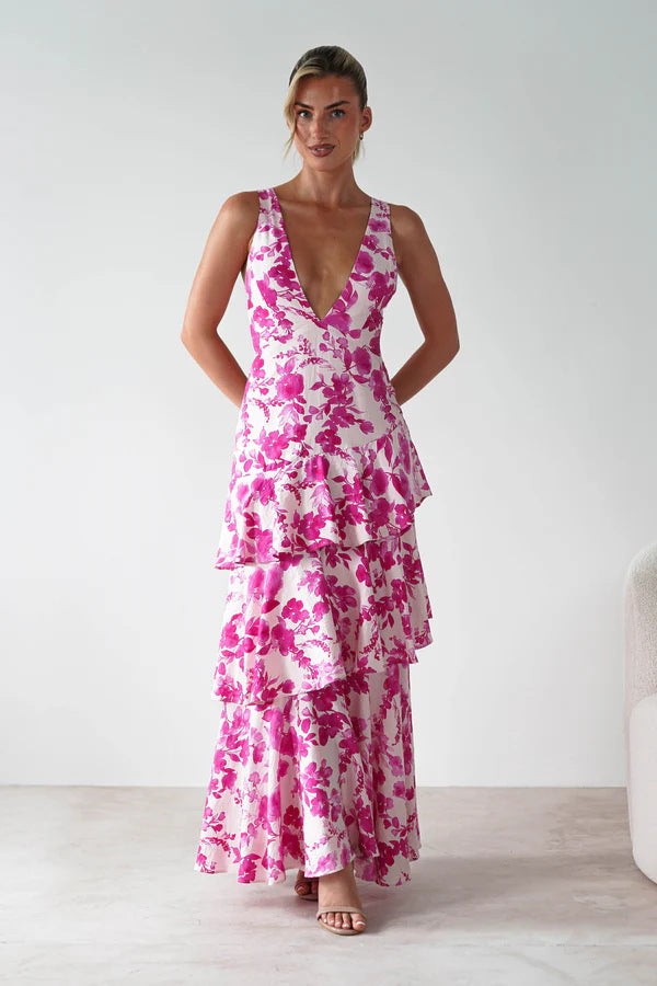 Backless Deep V Plunge Summer Vacation Maxi pink floral dress with tiered ruffles by Malbusaat