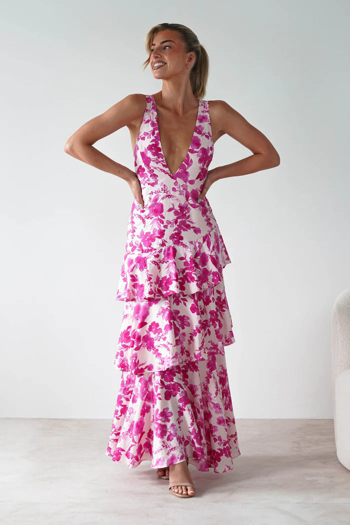Backless Deep V Plunge Summer Vacation Maxi dress with pink floral tiered skirt and sleeveless design