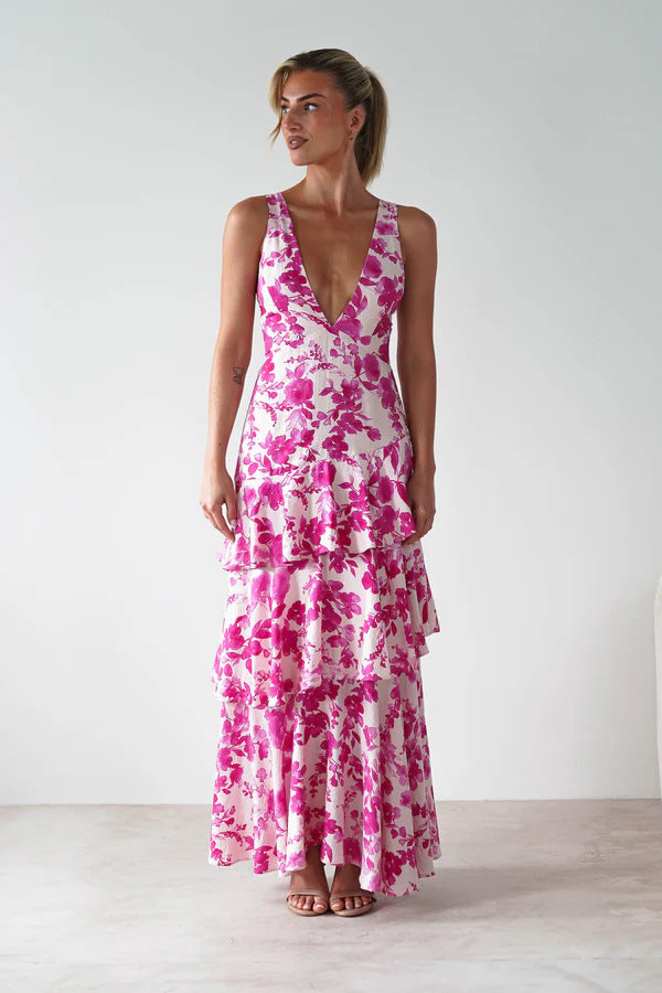 Backless Deep V Plunge Summer Vacation Maxi dress with pink floral print and tiered skirt by Malbusaat