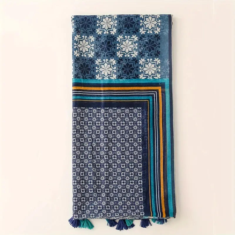 Boho Striped Print Scarf, Red/Blue Tassel Shawl in - Scarves by Malbusaat