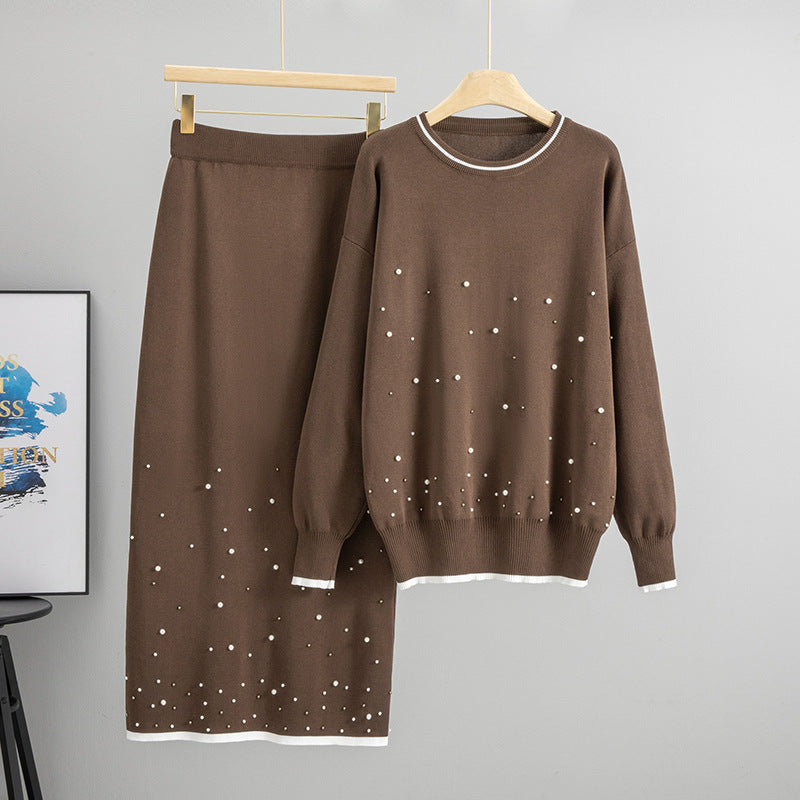 Malbusaat beaded knit co ord set featuring a brown top and matching skirt with decorative beads