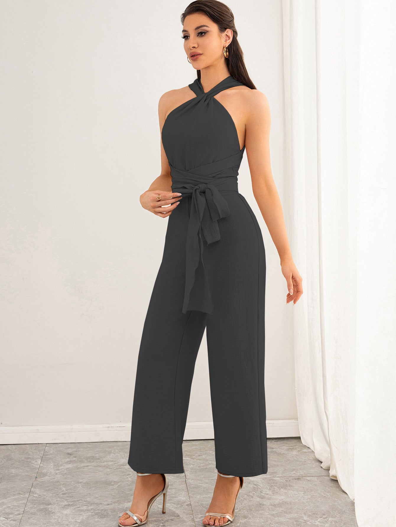 Malbusaat elegant charcoal halter backless women's jumpsuit with waist sash and wide leg trousers