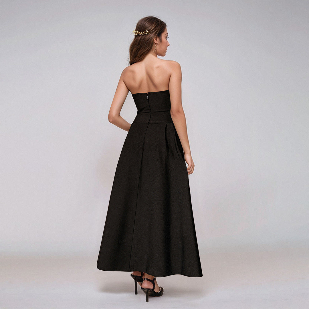 Malbusaat black tube top rhinestone maxi dress back view with zip and A line skirt