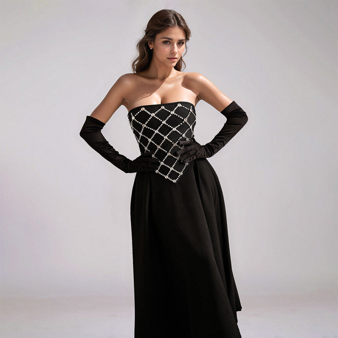 Malbusaat black tube top rhinestone maxi dress with lattice crystal bodice and long evening gloves