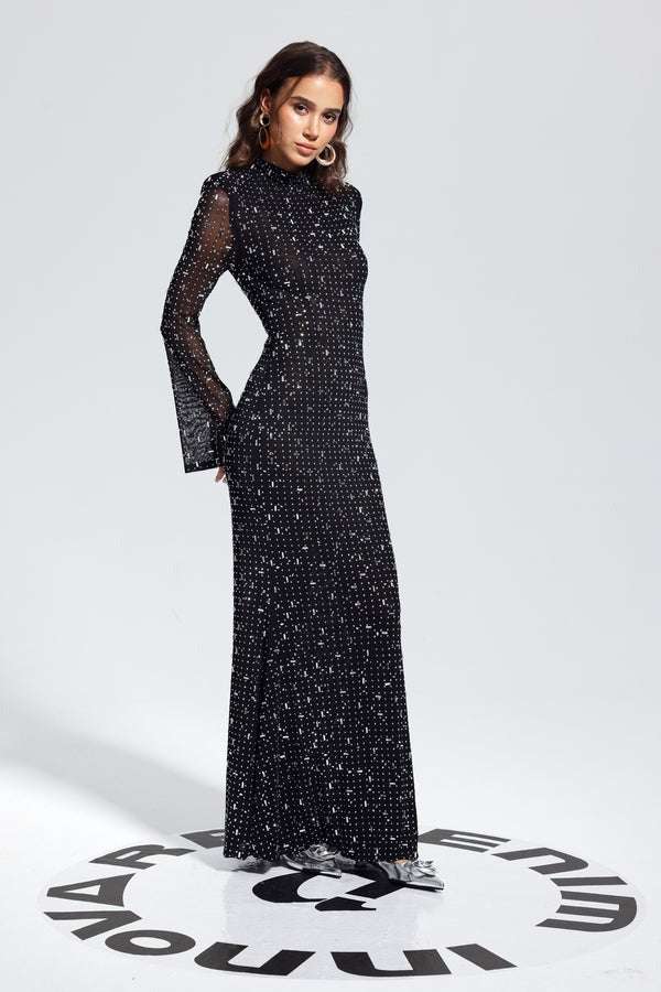 Malbusaat black rhinestone bodycon dress with high neckline long sleeves and floor length sparkle