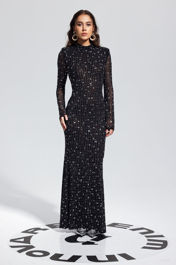 Malbusaat black rhinestone bodycon dress floor length long sleeve high neck glittering evening gown
