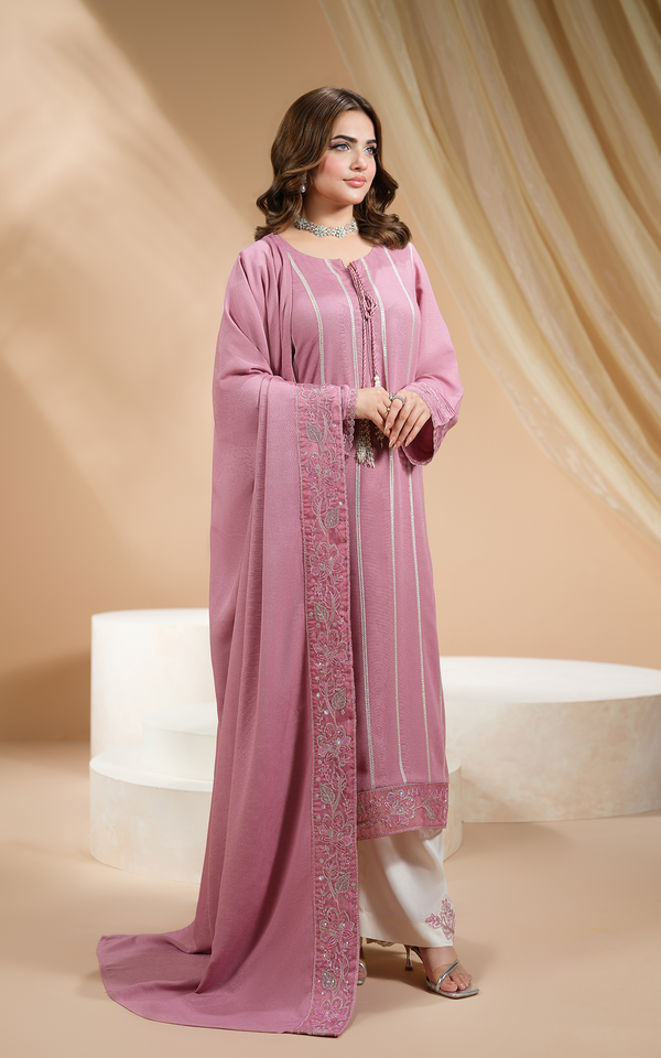Elegant Blush Mauve Embroidered Dhanak Suit with intricate detailing and flowing silhouette by Malbusaat