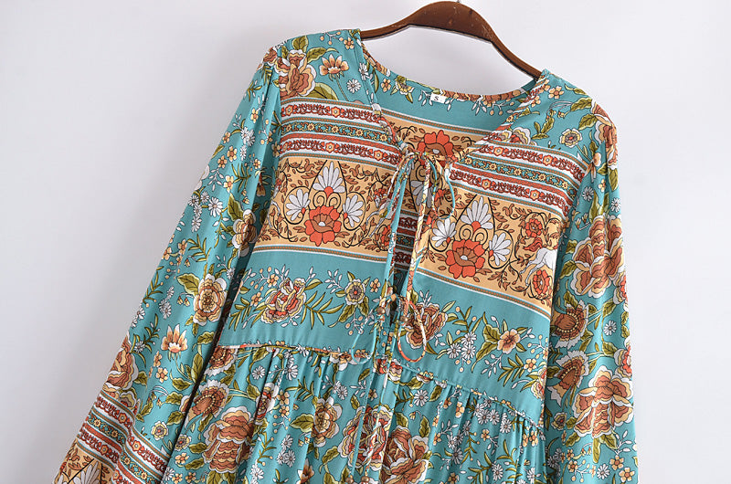 Malbusaat bohemian maxi dress for women with floral and striped patterns in teal and earth tones