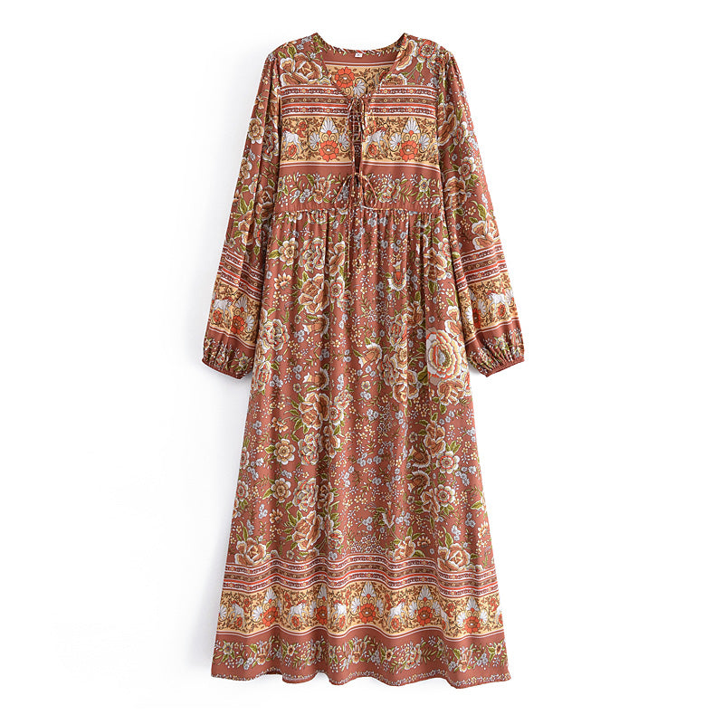 Malbusaat bohemian maxi dress for women in earthy tones with floral and striped patterns
