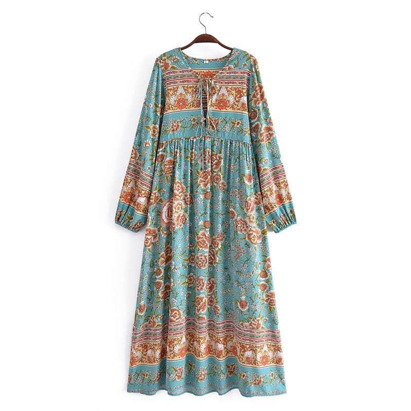 Malbusaat bohemian maxi dress for women with floral pattern and long sleeves in blue and brown tones