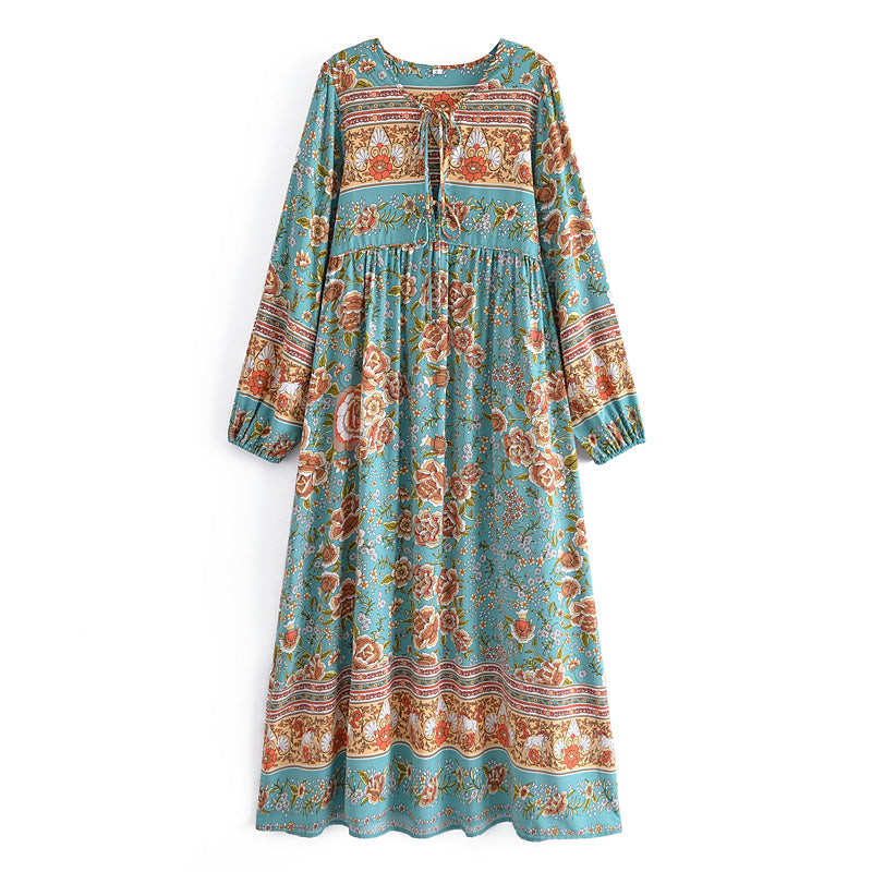 Malbusaat bohemian maxi dress for women with floral print and long sleeves in turquoise