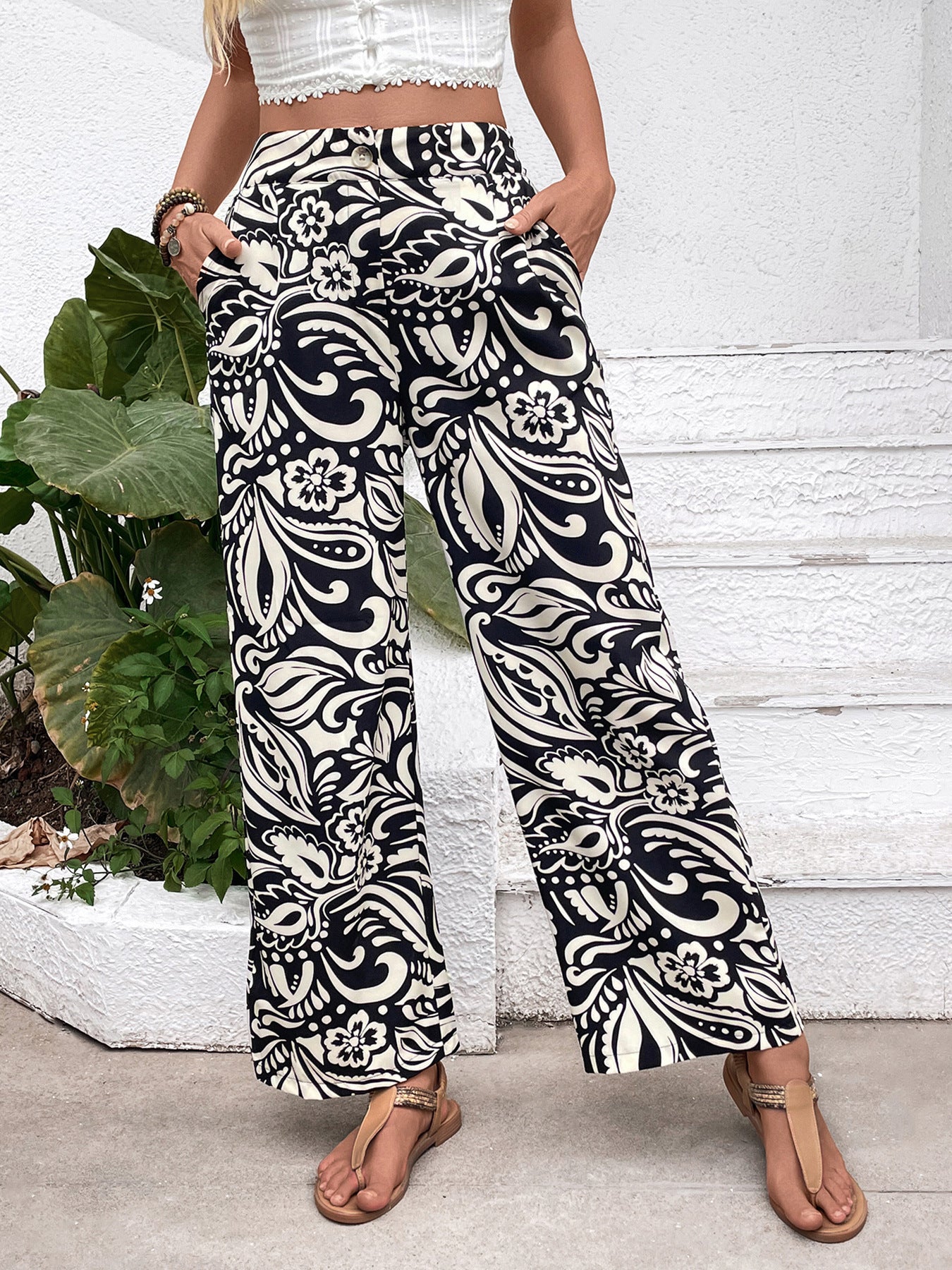 Malbusaat art print summer pants black and white wide leg floral paisley print lightweight beach trousers