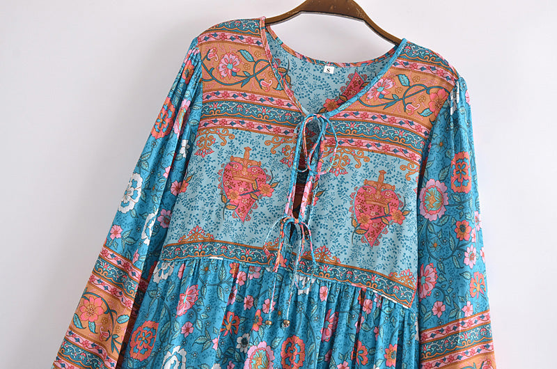 Malbusaat lace up crew neck maxi dress for women in blue with floral and patterned design