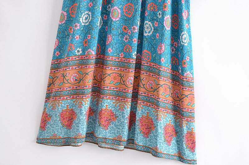Colourful printed hem detail of lace up crew neck maxi dress for women by Malbusaat