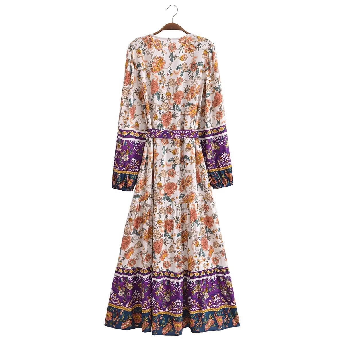 Malbusaat long sleeve floral summer dress UK with orange flowers and purple border detailing