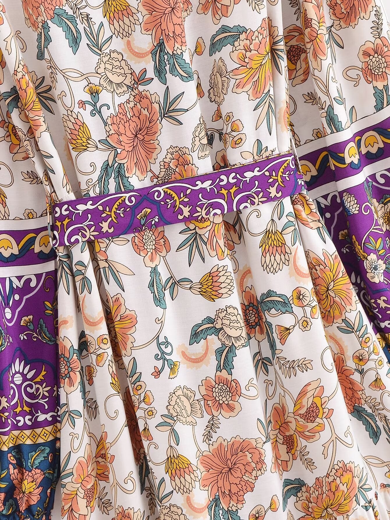 Malbusaat long sleeve floral summer dress UK with colourful detailed flower pattern and purple waist trim