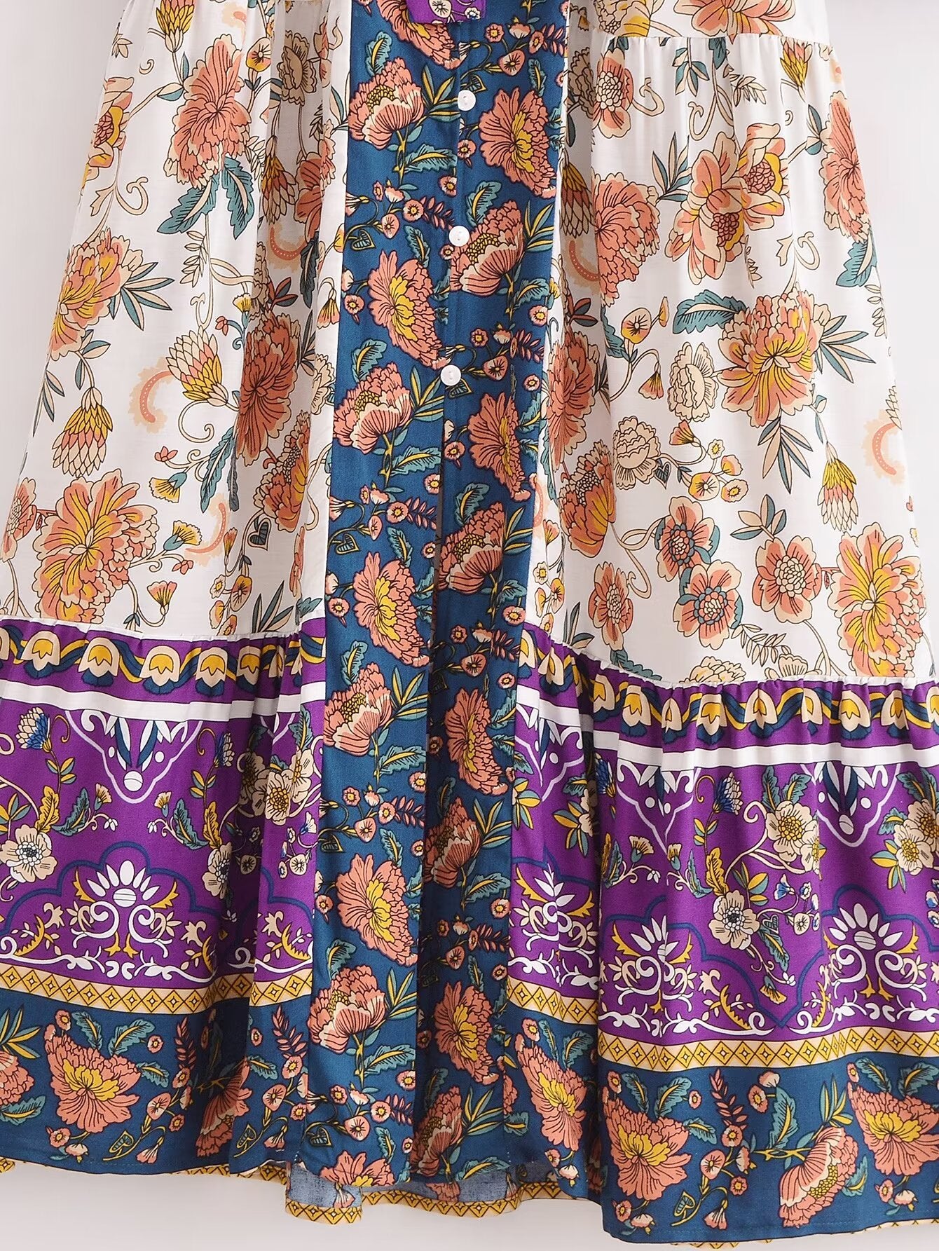 Malbusaat long sleeve floral summer dress UK with multicolour vibrant flower patterns and button details