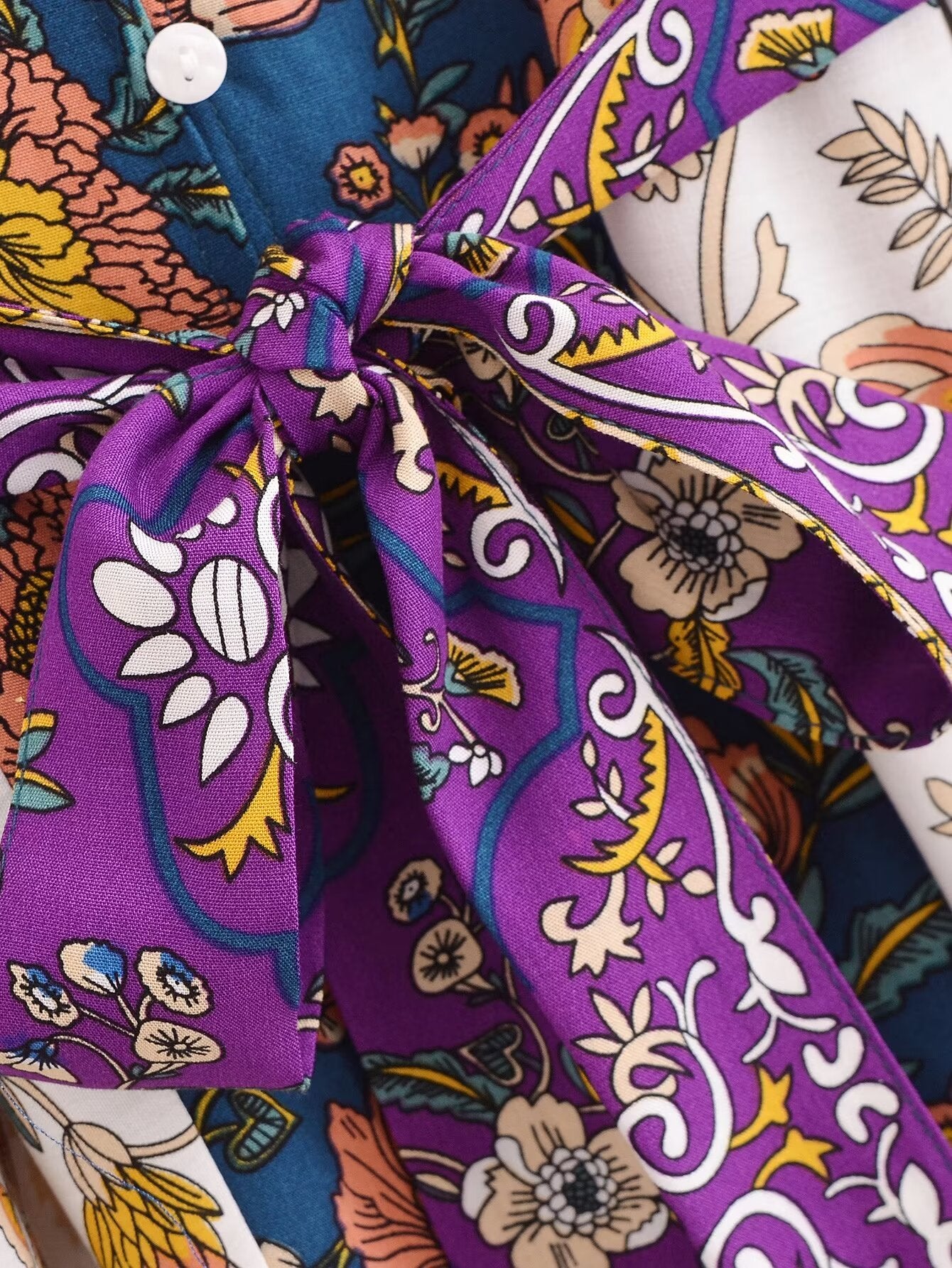 Malbusaat long sleeve floral summer dress UK with vibrant purple, blue, and yellow floral pattern detailing
