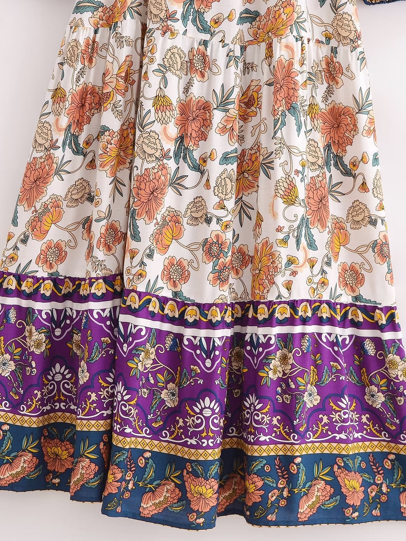 Malbusaat long sleeve floral summer dress UK with multicolour flower print and decorative borders