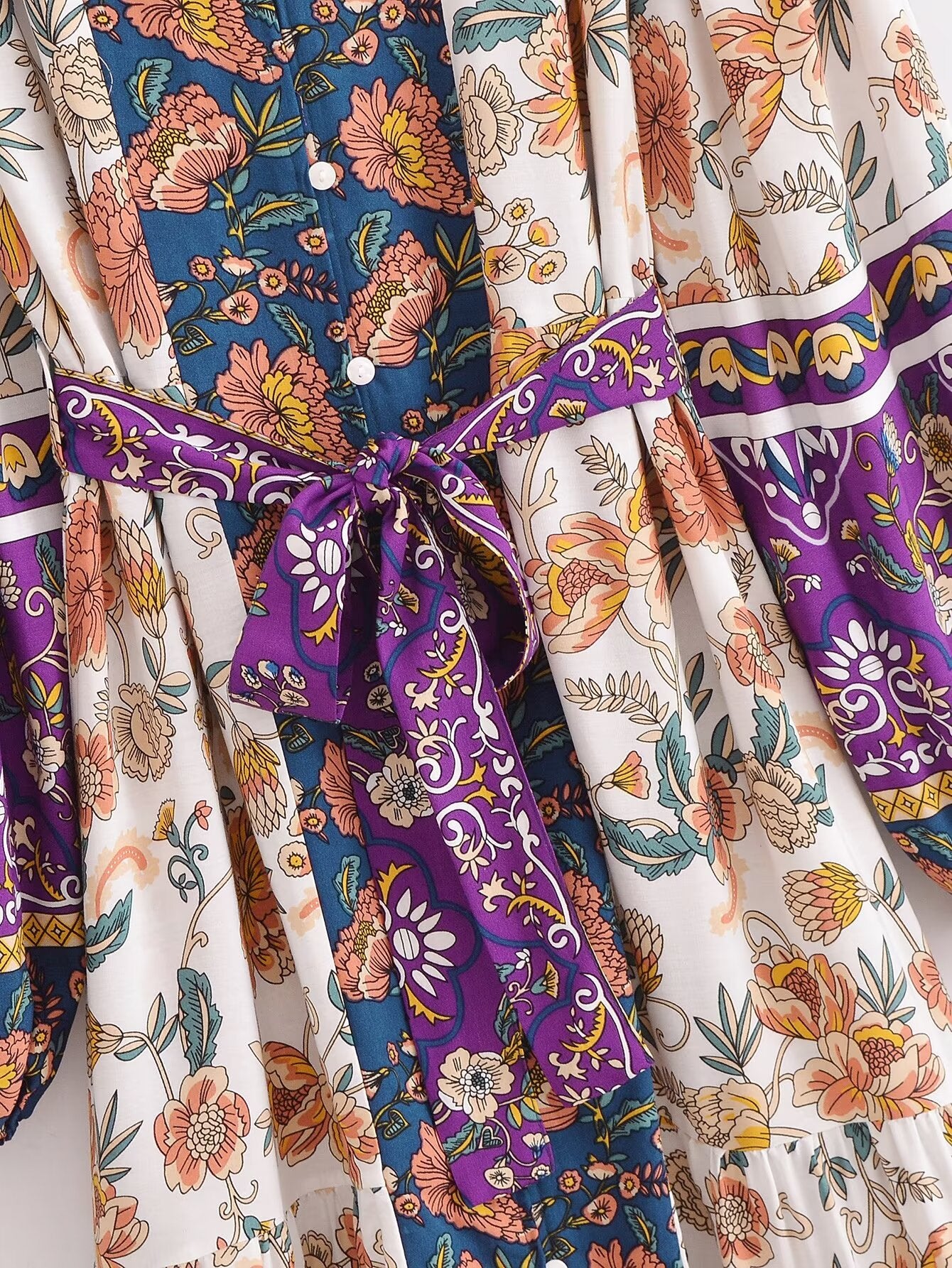 Malbusaat long sleeve floral summer dress UK with detailed purple waist tie and multicolour floral print