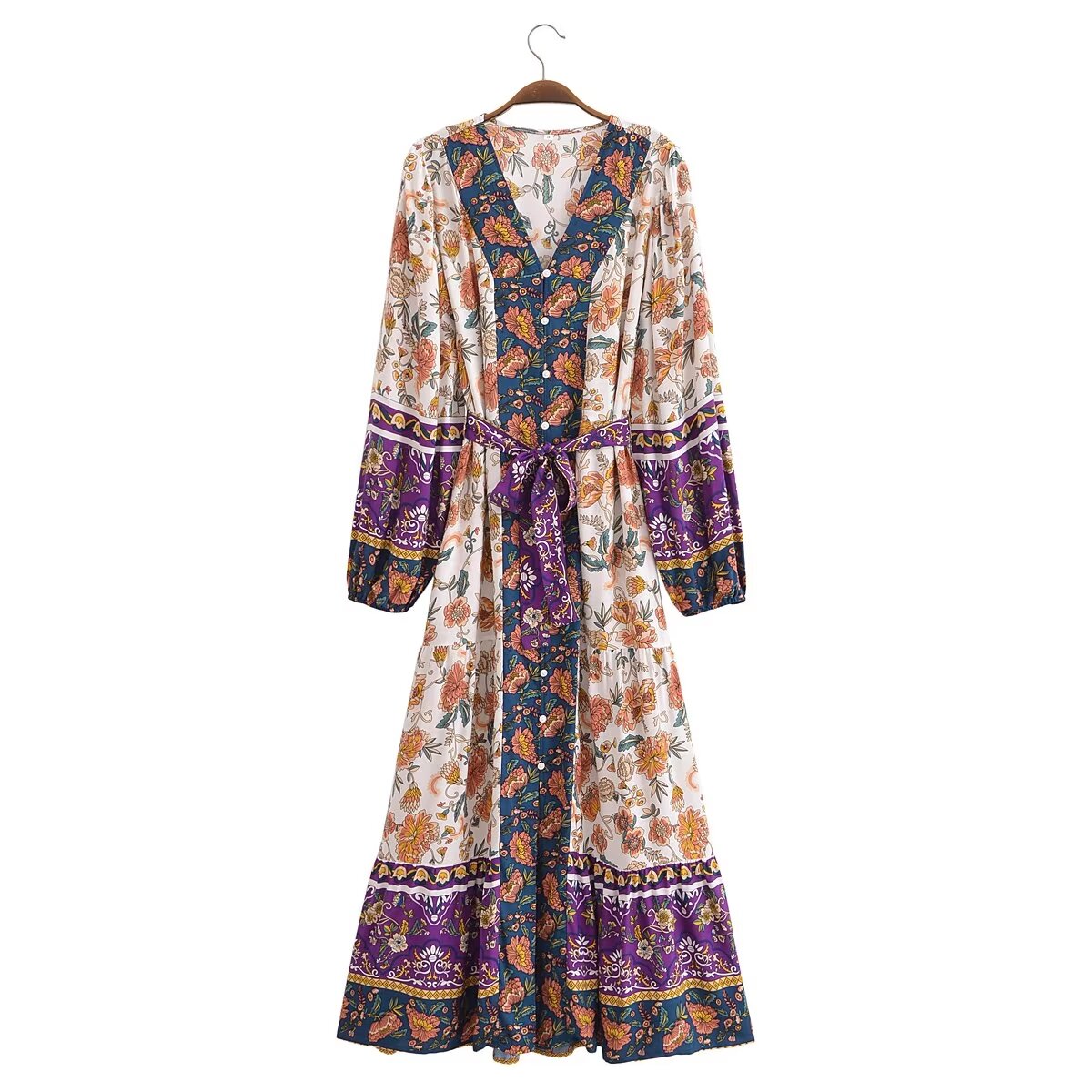 Malbusaat long sleeve floral summer dress UK with mixed print and tie waist on hanger