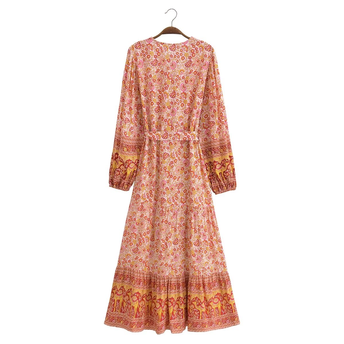 Malbusaat rayon floral maxi dress with long sleeves and a colourful printed pattern
