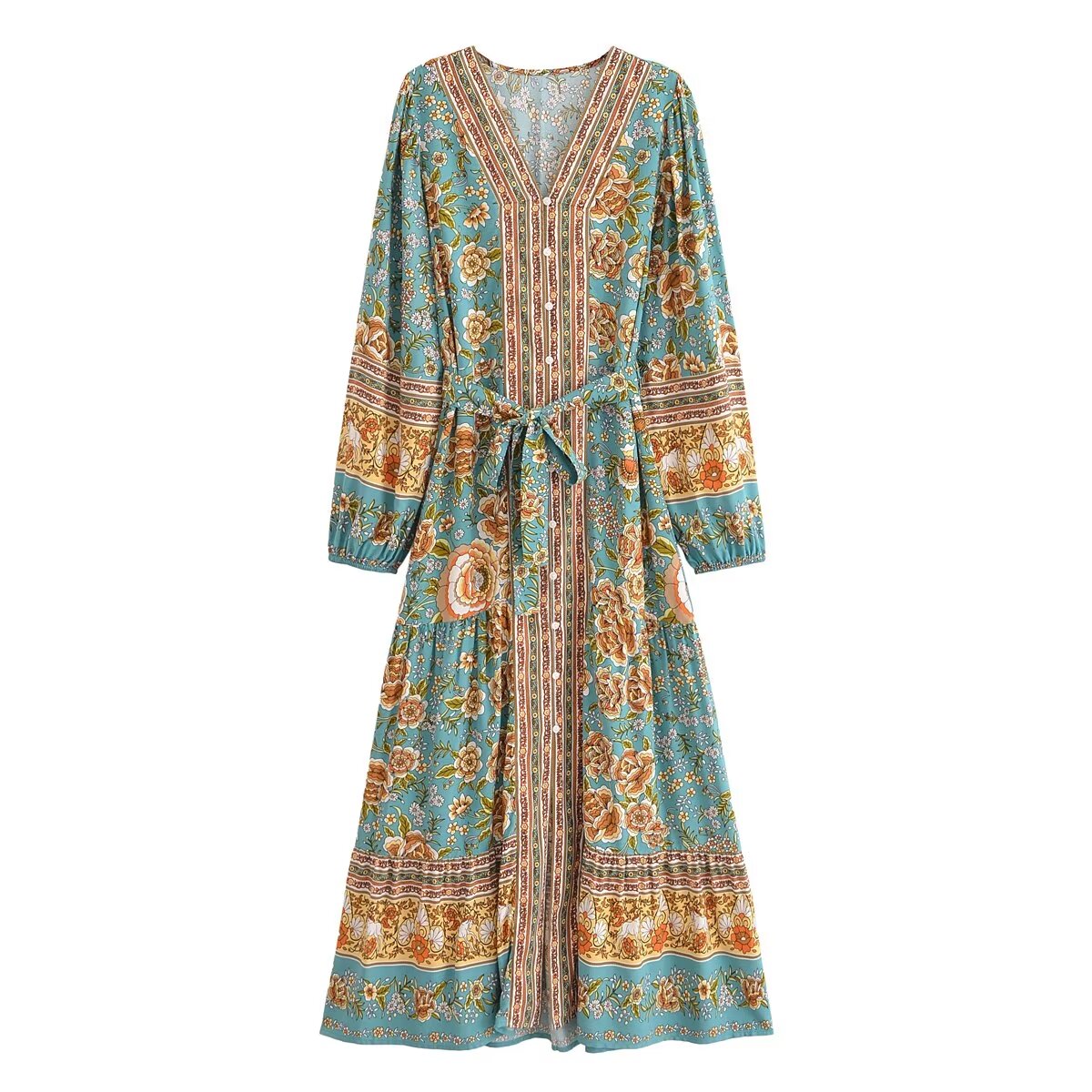 Malbusaat rayon floral maxi dress with long sleeves and tie waist in blue and brown floral pattern