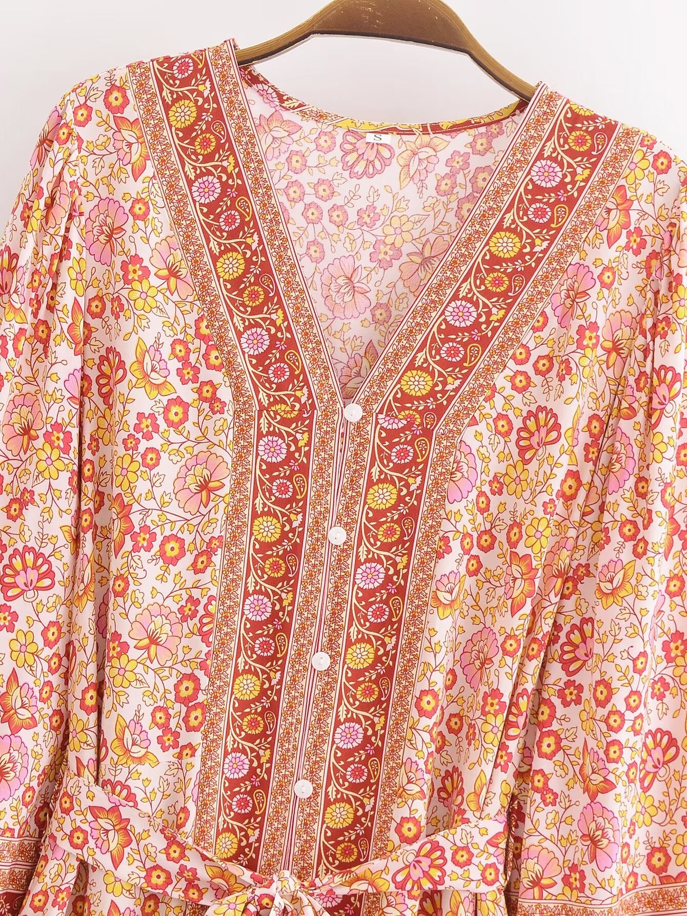 Malbusaat rayon floral maxi dress with pink and yellow flowers and red detailed neckline