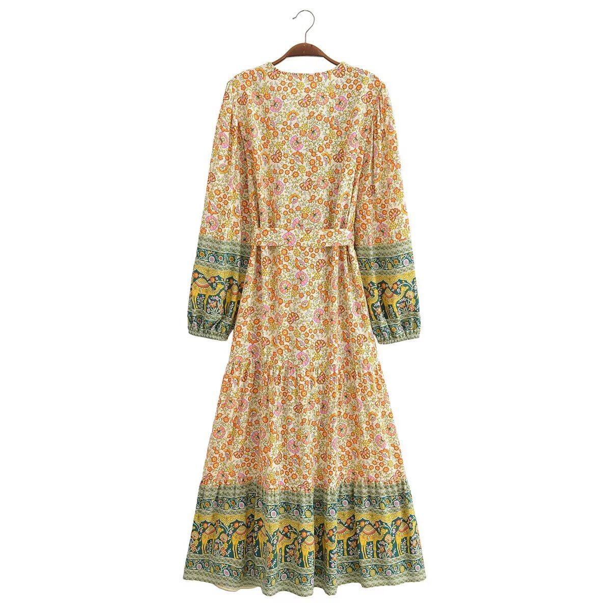 Malbusaat rayon floral maxi dress with long sleeves and intricate multicolour floral and elephant border print