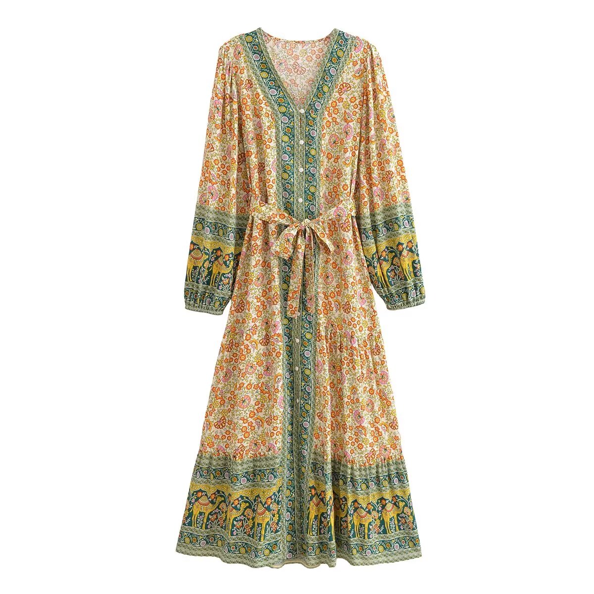 Malbusaat rayon floral maxi dress with long sleeves and intricate colourful print design