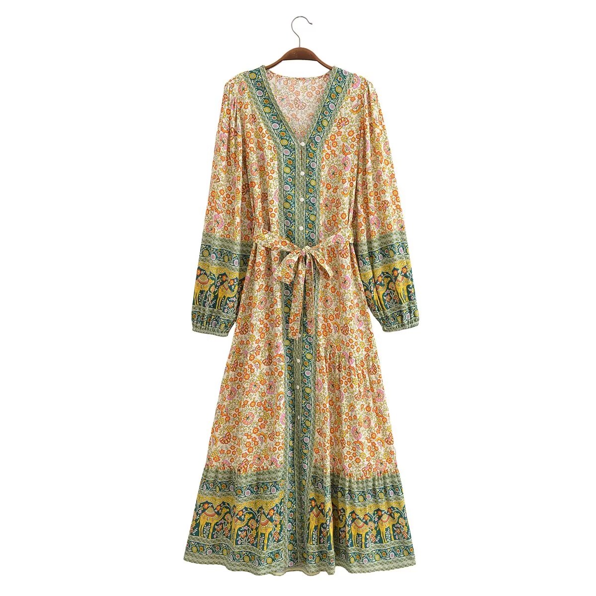 Malbusaat rayon floral maxi dress with long sleeves and intricate green and yellow border print