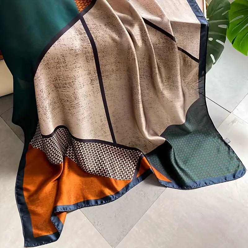 Geometric Print Large Satin Scarf, Elegant Color Block Shawl in - Scarves by Malbusaat