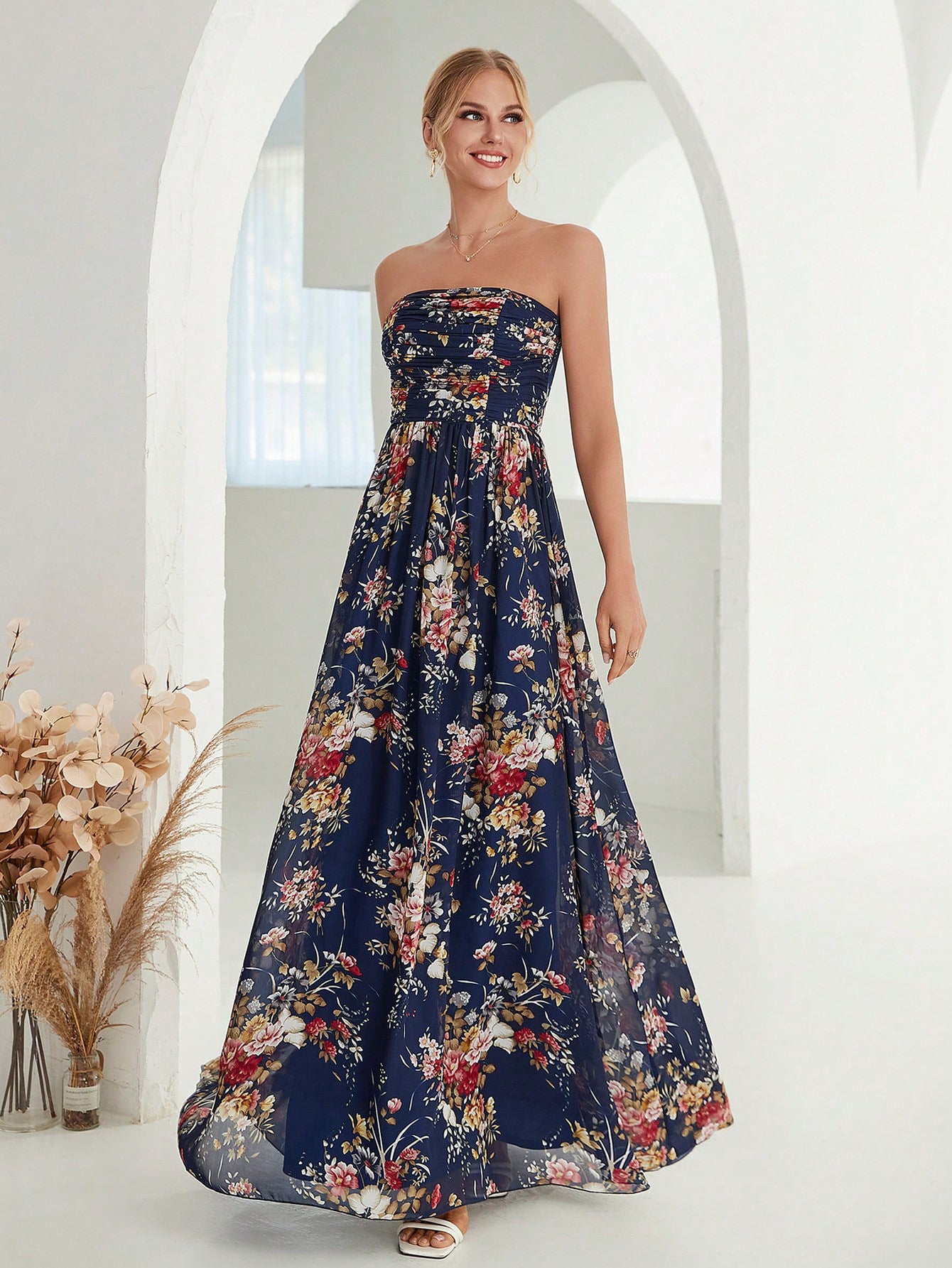 Malbusaat Chiffon Tube Top Party Dress in floral print, perfect for summer events and parties