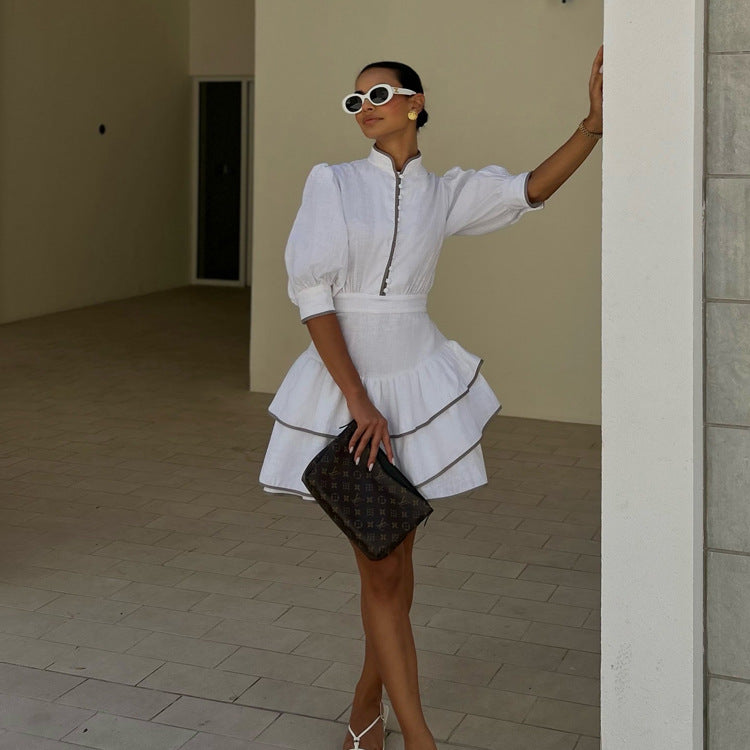 Malbusaat contrast puff sleeve shirt dress with a tiered skirt and stylish sunglasses
