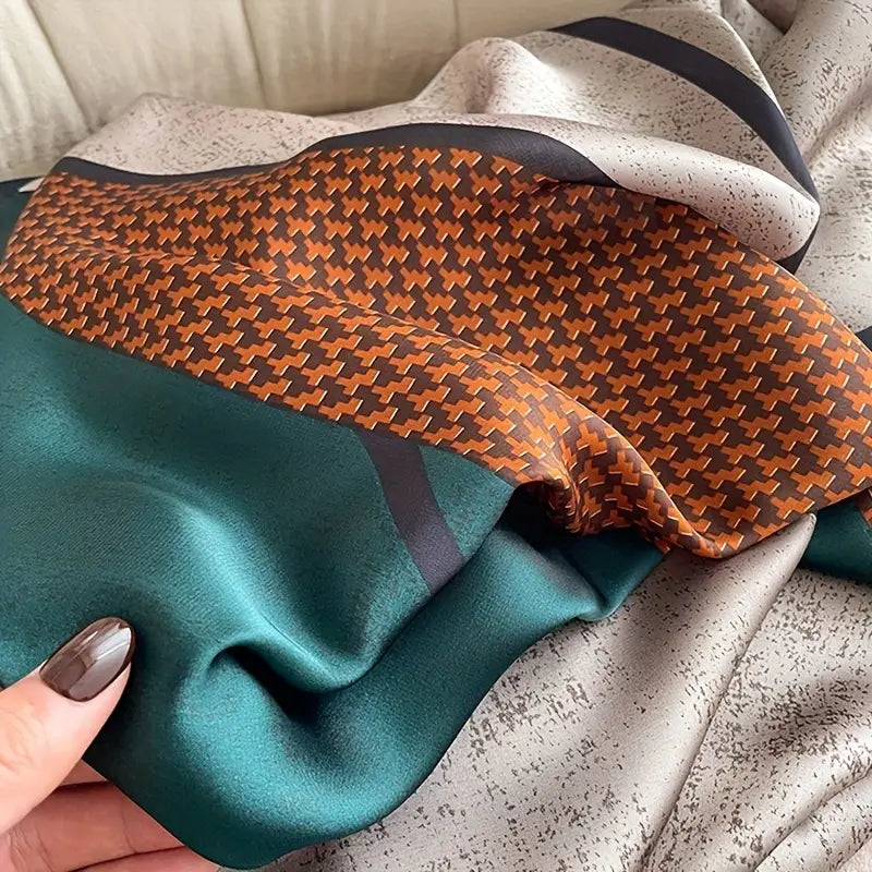 Geometric Print Large Satin Scarf, Elegant Color Block Shawl in - Scarves by Malbusaat