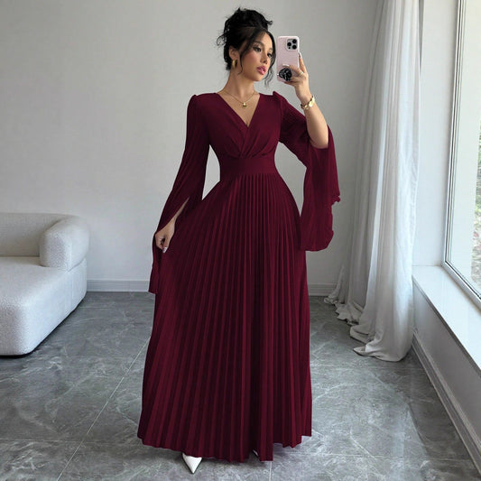 Elegant burgundy Deep V pleated maxi dress with flowing sleeves, perfect for formal occasions