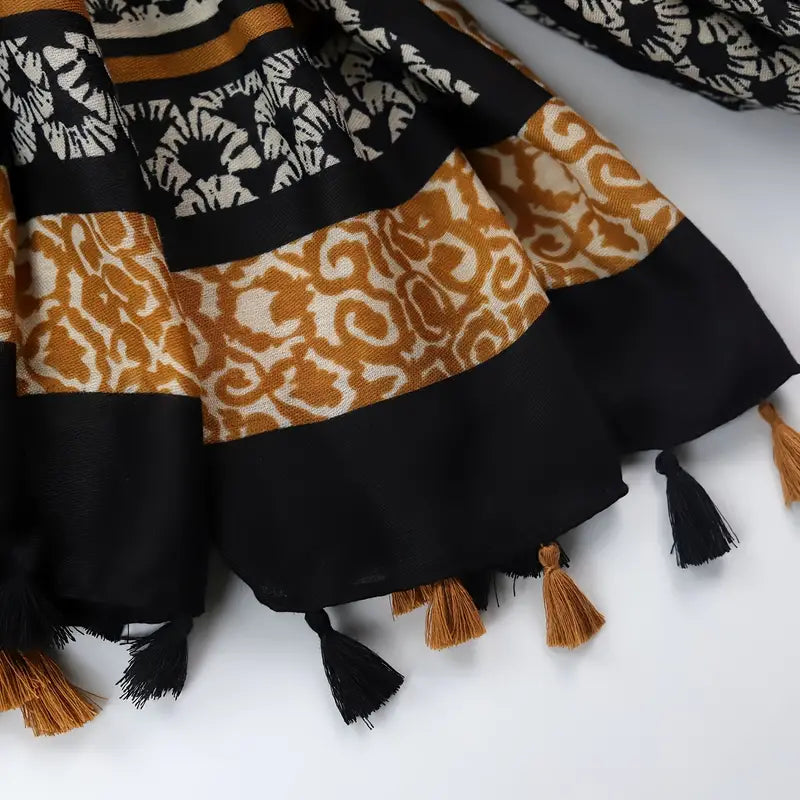 Double-sided Vintage Plaid Tassel Scarf, Black in - Scarves by Malbusaat