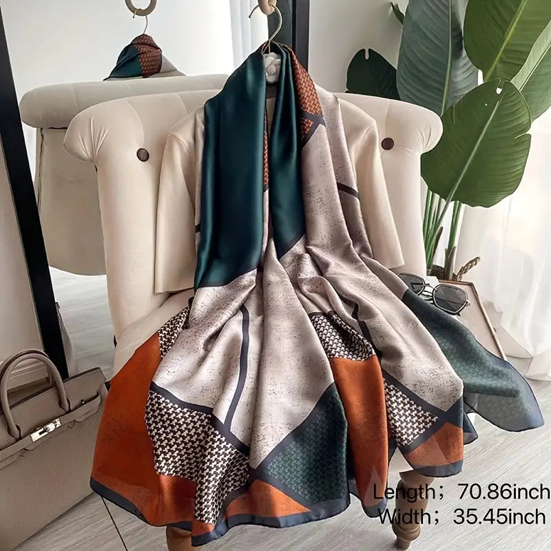 Geometric Print Large Satin Scarf, Elegant Color Block Shawl in - Scarves by Malbusaat