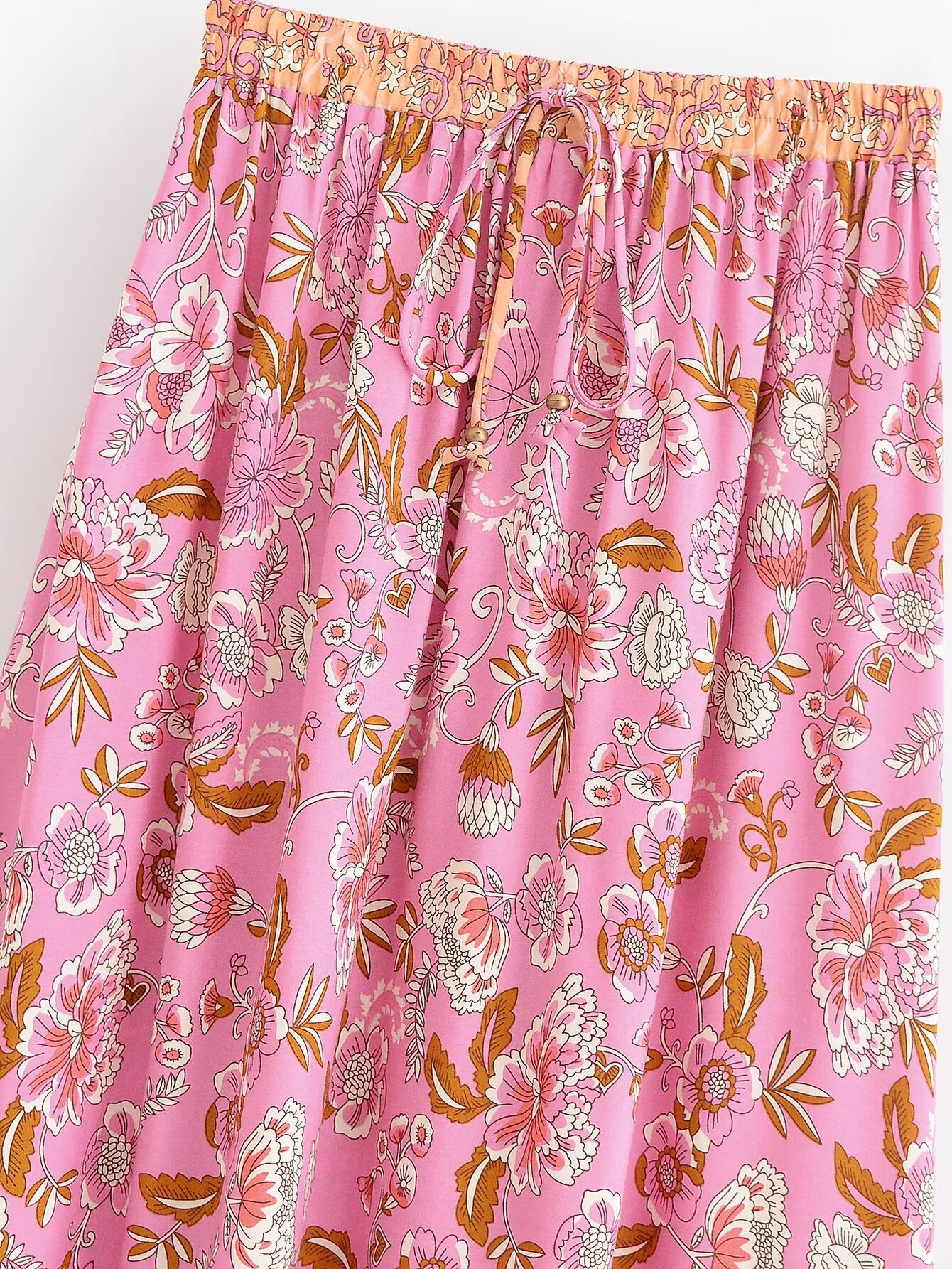 Malbusaat elastic waist floral skirt UK in pink with white and brown flowers and drawstring detail
