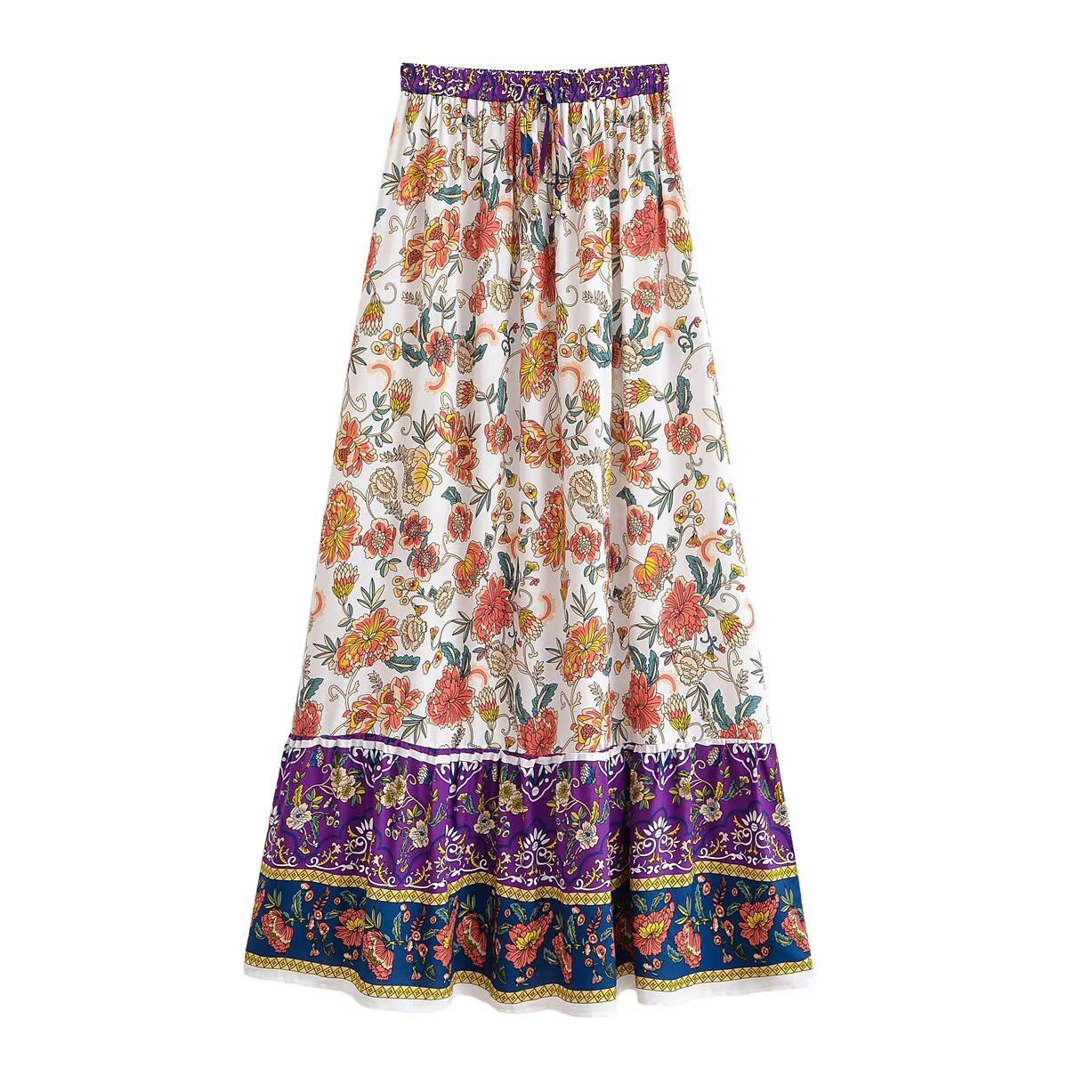 Malbusaat elastic waist floral skirt UK with multicolour floral print and purple border hem