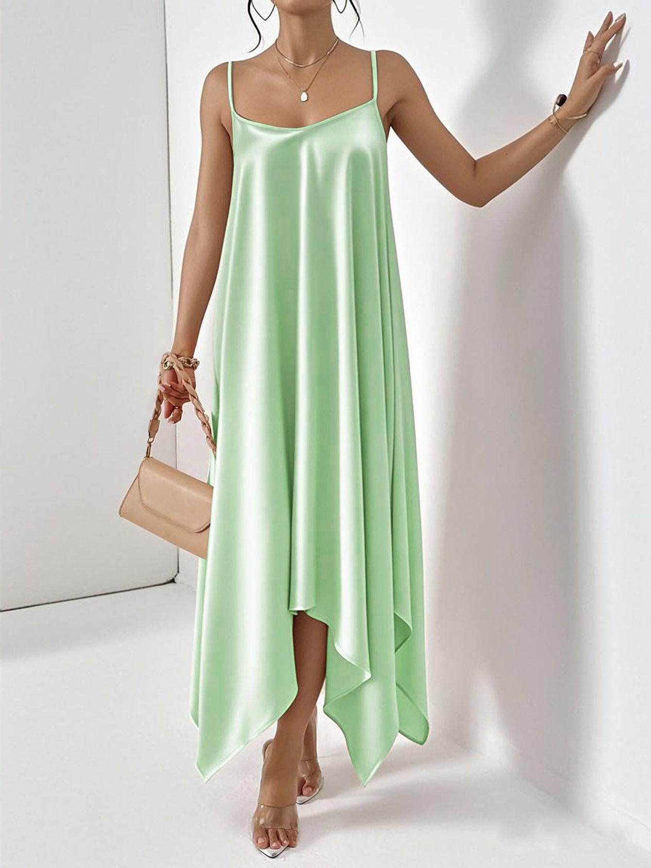 Malbusaat elegant long sling dress for women in light green satin fabric with asymmetrical hem