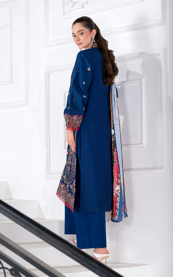 Malbusaat Embroidered Viscose Elegance Suit in navy blue with intricate detailing and stylish back design