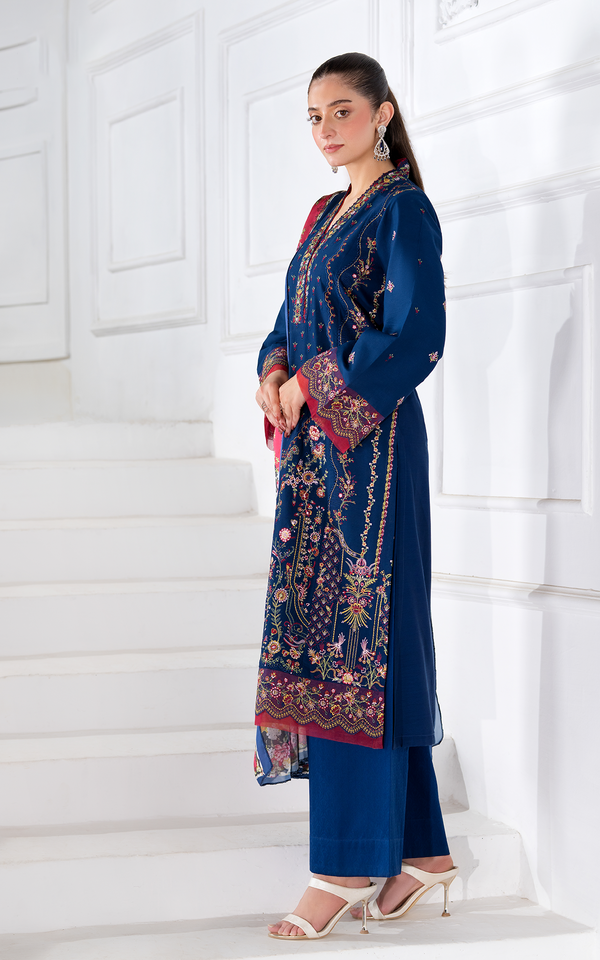 Elegant Pakistani Dress featuring Embroidered Viscose Elegance Suit in rich navy blue with detailed work