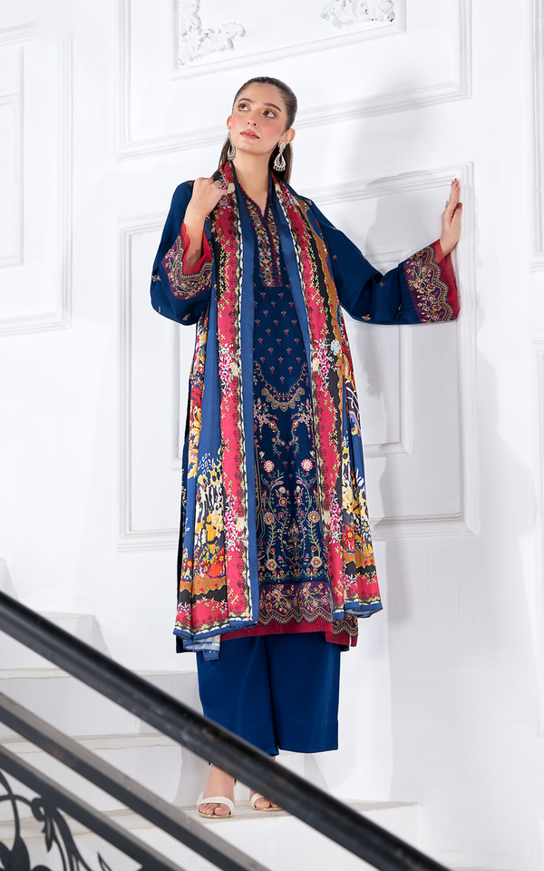 Malbusaat Embroidered Viscose Elegance Suit in navy with vibrant floral patterns and flowing design