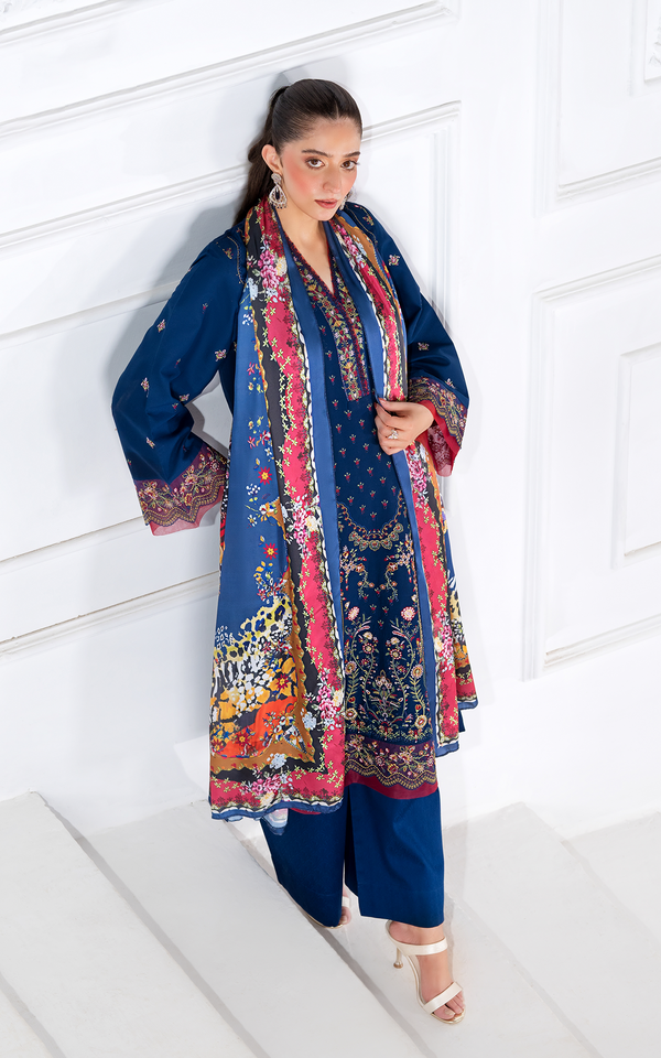 Malbusaat Embroidered Viscose Elegance Suit in navy blue with vibrant floral patterns and stylish design